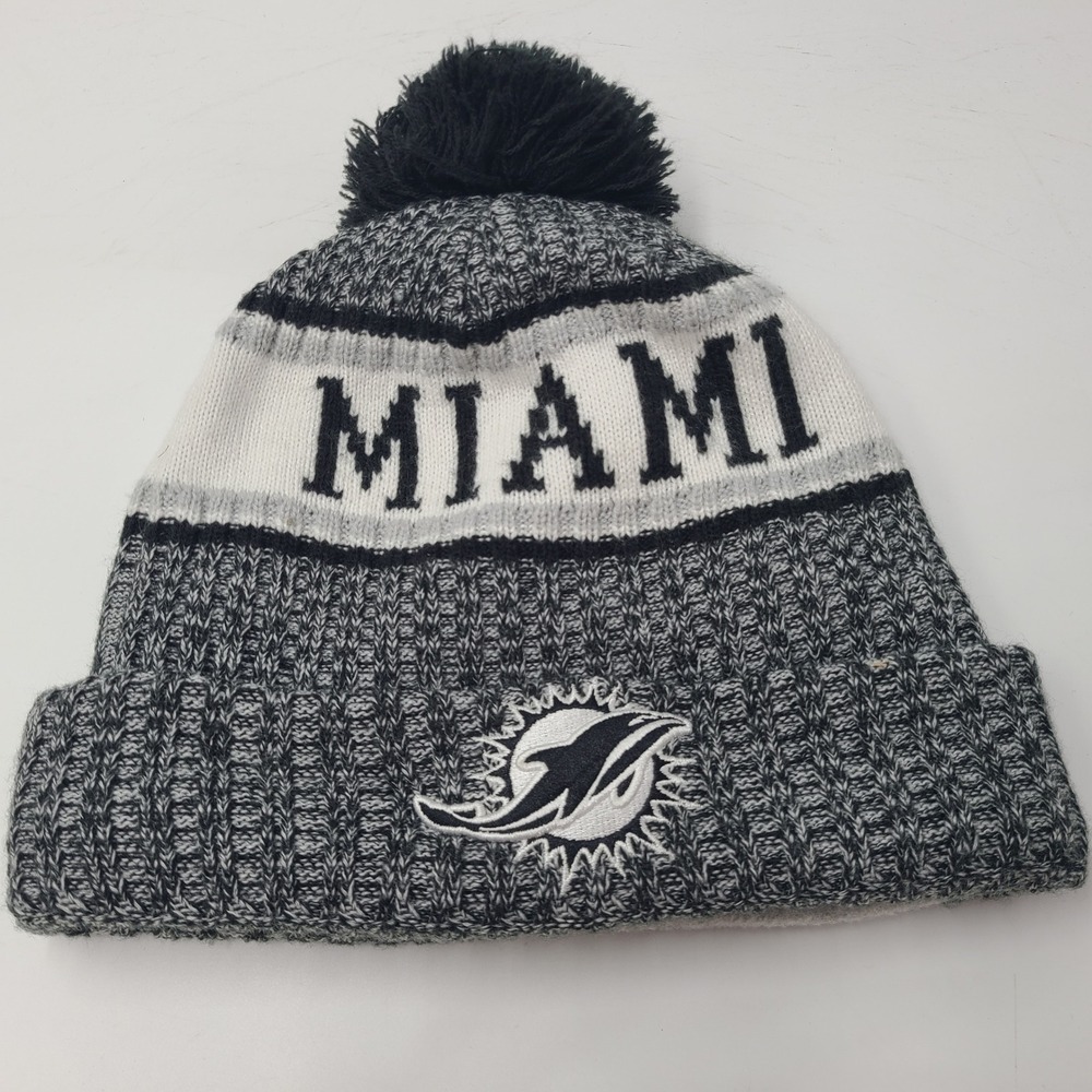 Miami Dolphins Hat Beanie New Era Gray White Black NFL Pom Knit Stocking Cap Men